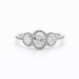 14K White Gold Oval Shape Diamond 3 Stone Halo Engagement Ring